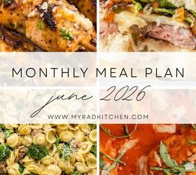 strawberry rhubarb slab pie perfect for a crowd, Monthly Meal Plan June 2026 Collage
