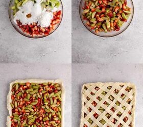 strawberry rhubarb slab pie perfect for a crowd, Strawberry Rhubarb Slab Pie being made on a counter in a bowl and sheet pan