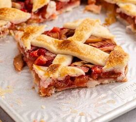 strawberry rhubarb slab pie perfect for a crowd, Strawberry Rhubarb Slab Pie slice on on a sheet pan