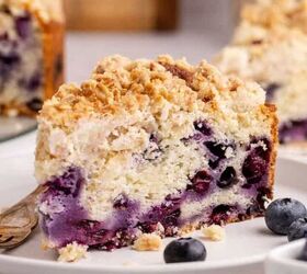 strawberry rhubarb slab pie perfect for a crowd, Blueberry Coffee Cake on plates with fresh blueberries