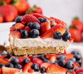 strawberry rhubarb slab pie perfect for a crowd, Red White and Blue Pretzel Salad being lift from baking dish