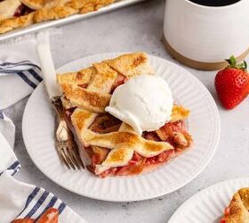 strawberry rhubarb slab pie perfect for a crowd, Strawberry Rhubarb Slab Pie on a plate with ice cream