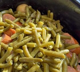 crockpot swamp potatoes, potaotes green beans and sausage in the crockpot