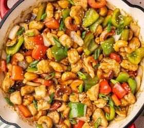 the best no bake tiramisu cheesecake cups mini dessert in jars, Finished cashew chicken stir fry with bell peppers and cashews coated in glossy sauce inside a skillet
