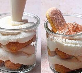 the best no bake tiramisu cheesecake cups mini dessert in jars, Mascarpone cream layered over coffee soaked ladyfingers in mini jars creating no bake tiramisu cups