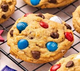 the best no bake tiramisu cheesecake cups mini dessert in jars, Warm patriotic monster cookies resting on a cooling rack with golden brown edges