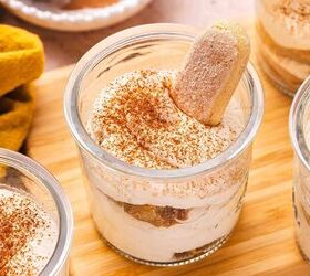 the best no bake tiramisu cheesecake cups mini dessert in jars, Close up of quick no bake tiramisu mini cups layered with cream coffee soaked ladyfingers and cocoa powder