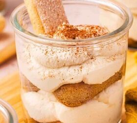 easy red white and blue funfetti cake dip recipe, Creamy tiramisu cheesecake cups layered in mini glass jars topped with cocoa powder and coffee soaked layers