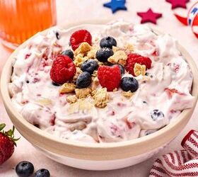 easy 4th of july cheesecake fruit salad no marshmallows needed, Creamy red white and blue cheesecake fruit salad topped with crushed graham crackers and fresh mixed berries served in a bowl