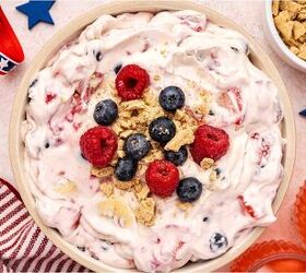 easy 4th of july cheesecake fruit salad no marshmallows needed, Close up of creamy berry fruit salad with fresh fruit and graham cracker crumble topping