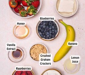 easy 4th of july cheesecake fruit salad no marshmallows needed, Ingredients for red white and blue cheesecake fruit salad including fresh strawberries blueberries raspberries bananas cream cheese Greek yogurt maple syrup and whipped topping