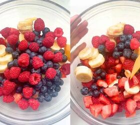 easy 4th of july cheesecake fruit salad no marshmallows needed, Fresh strawberries blueberries raspberries and bananas mixed in a large bowl for red white and blue fruit salad