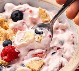 easy 4th of july cheesecake fruit salad no marshmallows needed, Creamy fruit salad made with fresh berries and whipped cheesecake dressing topped with graham crumbs