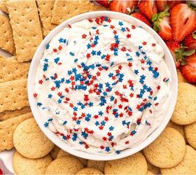 easy red white and blue funfetti cake dip recipe, Creamy patriotic dessert dip topped with sprinkles served in a white bowl with festive summer dippers