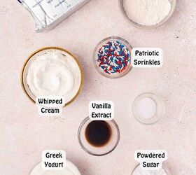 easy red white and blue funfetti cake dip recipe, Cream cheese Greek yogurt whipped topping vanilla cake mix powdered sugar vanilla extract salt sprinkles strawberries graham crackers and vanilla wafers arranged for Red White and Blue funfetti cake dip recipe