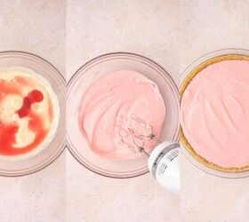 the only no bake pink lemonade pie you ll ever need, Pouring pink lemonade pie filling into chilled graham cracker crust and smoothing the top before refrigerating