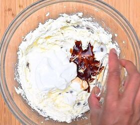 easy red white and blue funfetti cake dip recipe, Greek yogurt powdered sugar vanilla and cake mix being blended into whipped cream cheese for a smooth dessert dip mixture