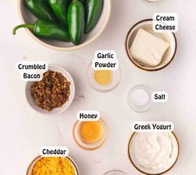air fryer jalapeno poppers quick easy appetizer, Ingredients for air fryer jalape o poppers including jalape os cream cheese cheddar bacon and Greek yogurt ranch dressing