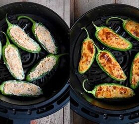 air fryer jalapeno poppers quick easy appetizer, Stuffed jalape o poppers arranged in a single layer in an air fryer basket lightly sprayed with oil cooking at 350 F until the tops are lightly golden