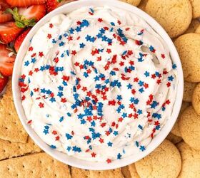 easy red white and blue funfetti cake dip recipe, Red white and blue funfetti cake dip made with cake mix and yogurt served in a bowl with summer dippers