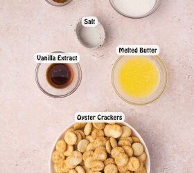 the best cinnamon sugar oyster crackers recipe, Flat lay of ingredients for cinnamon sugar oyster crackers oyster crackers unsalted butter granulated sugar ground cinnamon vanilla extract and a pinch of salt arranged on a light surface