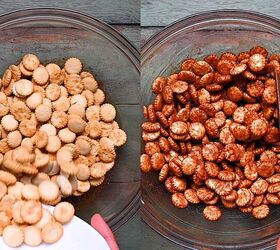 the best cinnamon sugar oyster crackers recipe, Oyster crackers added to the cinnamon sugar butter mixture in a large bowl being gently tossed until every cracker is evenly and glossily coated