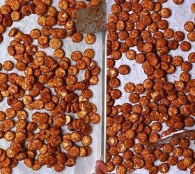 the best cinnamon sugar oyster crackers recipe, Cinnamon sugar coated oyster crackers spread in a single layer on a parchment lined baking sheet freshly baked golden and crispy cooling completely before serving