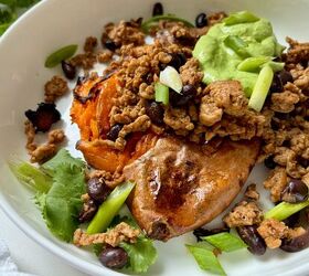 smashed and loaded sweet potatoes with creamy green sauce, Smashed and loaded sweet potatoes topped with spiced ground turkey black beans and creamy green sauce