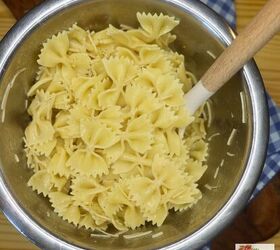 viral crispy pasta salad easy crispy pasta salad recipe, Cooked bowtie pasta seasoned with parmesan cheese in a bowl