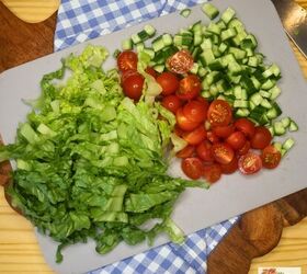 viral crispy pasta salad easy crispy pasta salad recipe, Chopped lettuce cucumber and cherry tomato on a cutting board