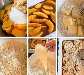 peach cobbler with fresh milled flour, Six process image collage showing peach cobbler with freshly milled flour