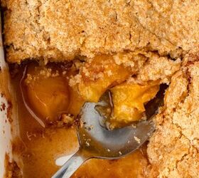 peach cobbler with fresh milled flour, Golden peach cobbler with a crumbly topping and spoonful of warm fruit filling