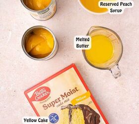 easy 3 ingredient peach dump cake in a cast iron skillet, Measured ingredients for making 3 ingredient peach dump cake
