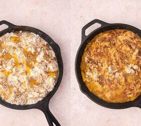easy 3 ingredient peach dump cake in a cast iron skillet, Pouring the melted butter on top and baking until golden
