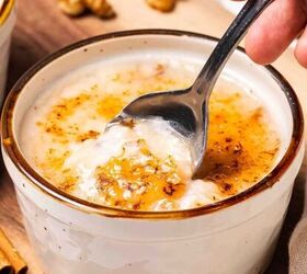 easy 3 ingredient peach dump cake in a cast iron skillet, Cracking the caramelized sugar top on the rice pudding with a spoon