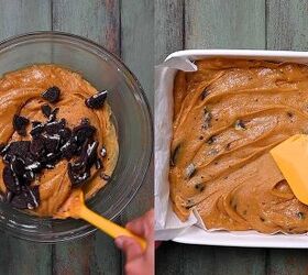 the best oreo blondies fudgy chewy and loaded with cookies, Folding the Oreos into the batter and spreading it in the baking pan