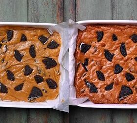 the best oreo blondies fudgy chewy and loaded with cookies, Baking the blondies until the edges are golden