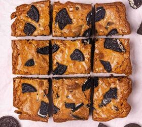 the best oreo blondies fudgy chewy and loaded with cookies, Sliced batch of fresh Oreo blondies