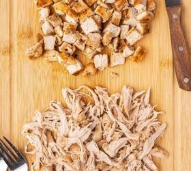 easy slow cooker hamburger velveeta dip 5 ingredients no fuss, Shredded chicken next to cubed chicken breasts on a cutting board
