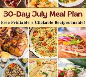 easy slow cooker hamburger velveeta dip 5 ingredients no fuss, 30 day July meal plan collage with tacos shrimp pasta burgers and meatballs