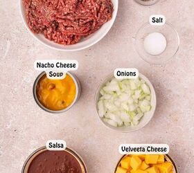 easy slow cooker hamburger velveeta dip 5 ingredients no fuss, Measured ingredients for making beef velveeta dip