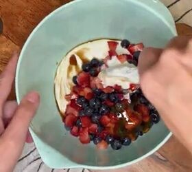 frozen yogurt fruit clusters easy frozen yogurt clusters recipe, Greek yogurt strawberries vanilla and honey in a bowl