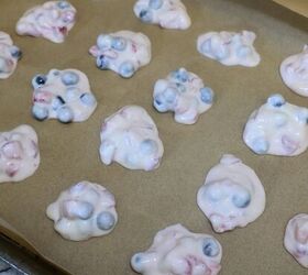 frozen yogurt fruit clusters easy frozen yogurt clusters recipe, Sweetened Greek yogurt and chopped berries scooped into small mounds on parchment paper