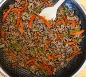 ground beef cheesesteak casserole recipe low carb meal, Cooked ground beef with peppers and onions in a skillet