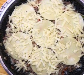ground beef cheesesteak casserole recipe low carb meal, Overhead image of ground beef cheesesteak casserole covered in cheese before baking