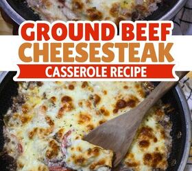 ground beef cheesesteak casserole recipe low carb meal, Ground Beef Cheesesteak Casserole Pin with text overlay