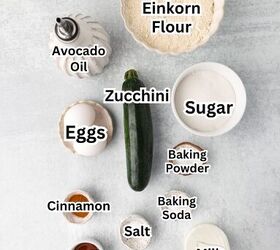einkorn zucchini bread, Flat lay of labeled zucchini bread ingredients zucchini flour sugar eggs oil milk spices and leaveners