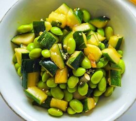 easy kale apple salad with lemon miso dressing, Zoomed in top view of cucumber edamame salad