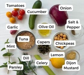 mediterranean chickpea tuna salad no mayo, A variety of labeled ingredients for a chickpea tuna salad are displayed on a white surface including tomatoes cucumber onion garlic tuna olive oil salt pepper chickpeas capers lemon Dijon mustard celery dill mint and parsley