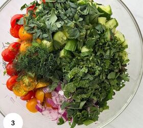 mediterranean chickpea tuna salad no mayo, A glass bowl filled with chopped cherry tomatoes cucumber red onion parsley dill and mint sits ready to be mixed into a fresh chickpea tuna salad A white circle with the number 3 is in the bottom left corner